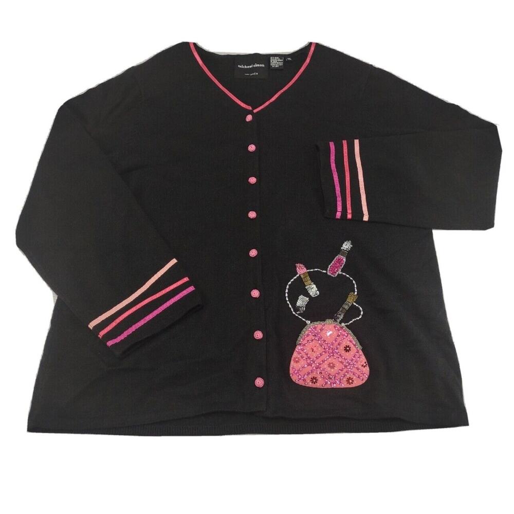 Michael‎ Simon Black/Pink Cardigan Sweater Sz XXL Sequins Ramie Blend Purse